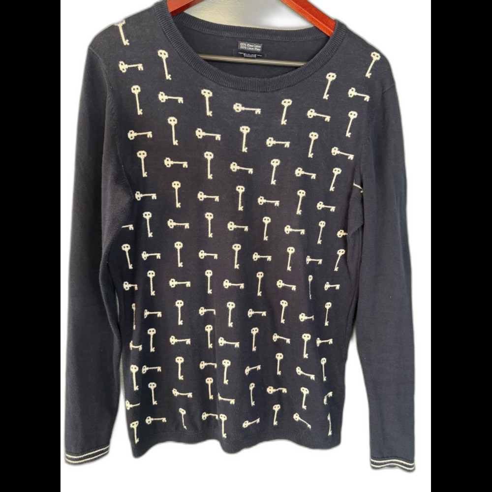 Tommy Hilfiger Key Print Pima Cotton Sweater Womens L Navy Crewneck Preppy